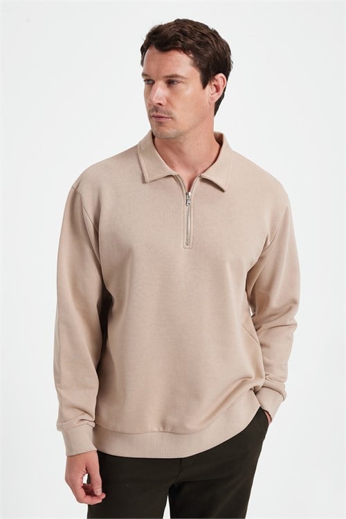 Erkek 3lü Paket Taş-Gri-Kahverengi Relax Fit Pamuklu Fermuarlı Polo Yaka Sweatshirt