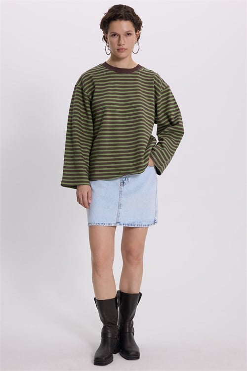 Kadın Oversize Geniş Kesim %100 Pamuk 3 İplik Çizgili Geniş Kol Yeşil Bisiklet Yaka Sweatshirt