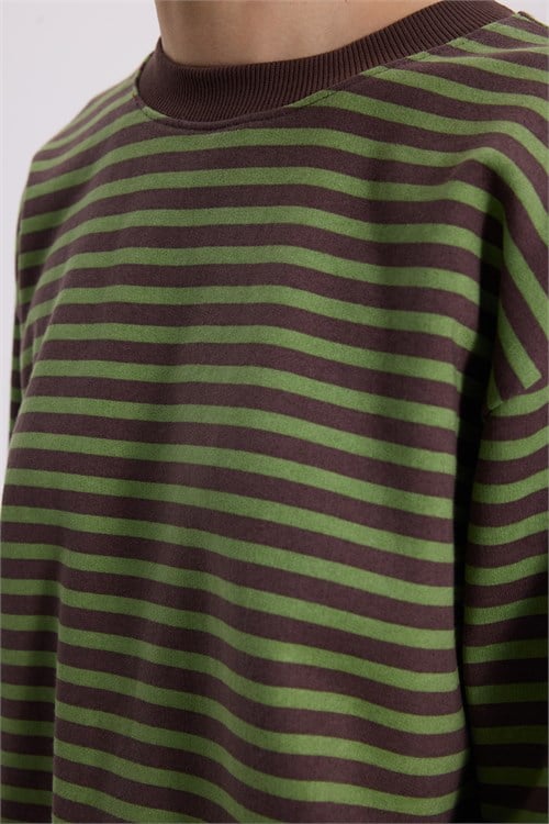 Kadın Oversize Geniş Kesim %100 Pamuk 3 İplik Çizgili Geniş Kol Yeşil Bisiklet Yaka Sweatshirt