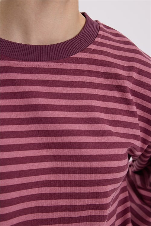 Kadın Oversize Geniş Kesim %100 Pamuk 3 İplik Çizgili Geniş Kol Bordo Bisiklet Yaka Sweatshirt