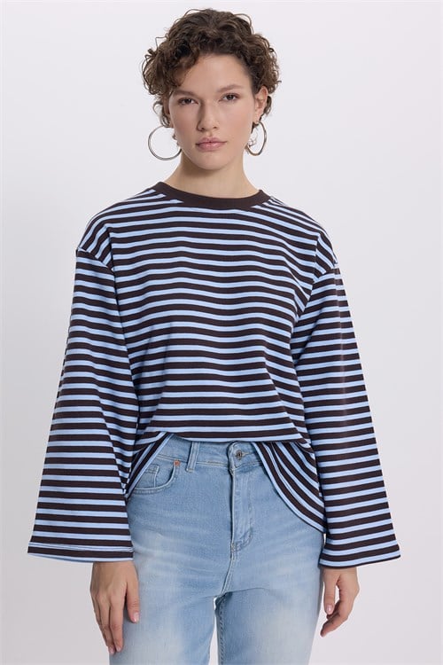 Kadın Oversize Geniş Kesim %100 Pamuk 3 İplik Çizgili Geniş Kol Mavi Bisiklet Yaka Sweatshirt