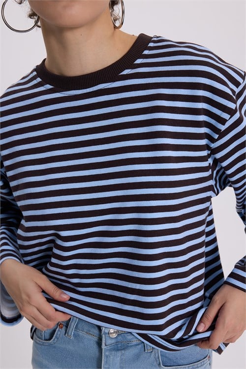 Kadın Oversize Geniş Kesim %100 Pamuk 3 İplik Çizgili Geniş Kol Mavi Bisiklet Yaka Sweatshirt