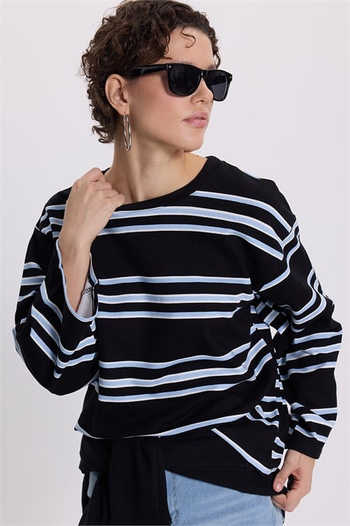 Kadın Oversize Geniş Kesim %100 Pamuk 3 İplik Mavi Çizgili Geniş Kol Siyah Bisiklet Yaka Sweatshirt
