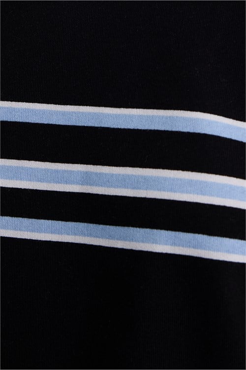 Kadın Oversize Geniş Kesim %100 Pamuk 3 İplik Mavi Çizgili Geniş Kol Siyah Bisiklet Yaka Sweatshirt