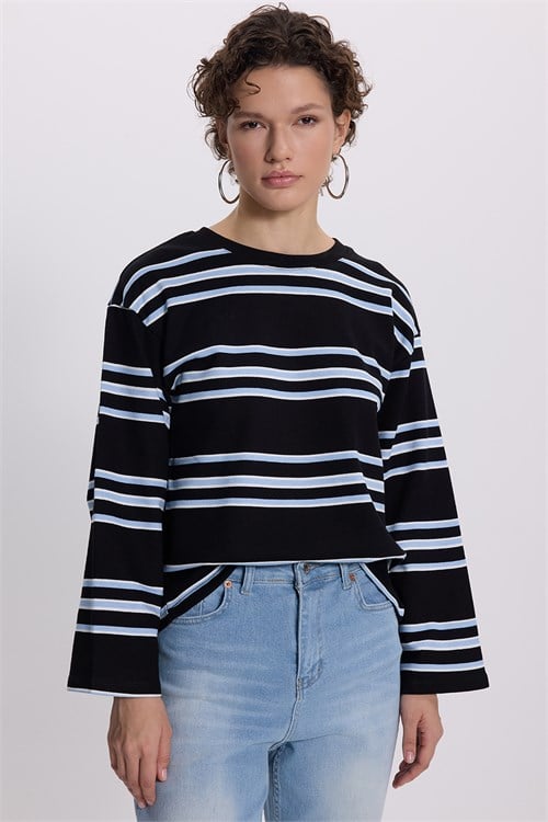 Kadın Oversize Geniş Kesim %100 Pamuk 3 İplik Mavi Çizgili Geniş Kol Siyah Bisiklet Yaka Sweatshirt