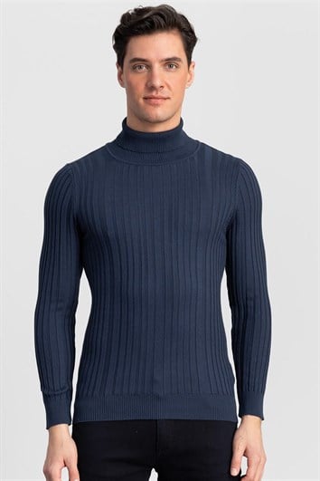 Erkek Slim Fit Tam Balıkçı Yaka İndigo Triko Kazak