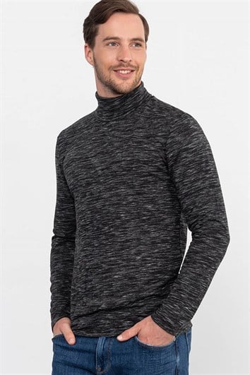 Erkek Slim Fit Dar Kesim Desenli İnce Siyah Tam Balıkçı Yaka Sweatshirt
