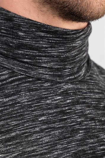 Erkek Slim Fit Dar Kesim Desenli İnce Siyah Tam Balıkçı Yaka Sweatshirt