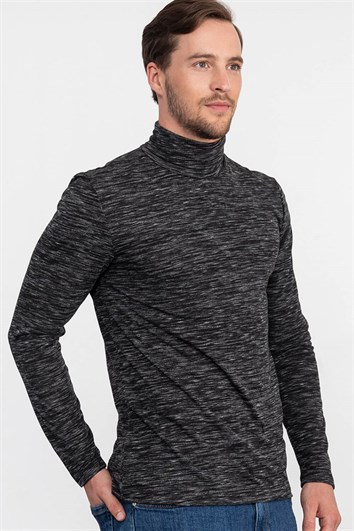 Erkek Slim Fit Dar Kesim Desenli İnce Siyah Tam Balıkçı Yaka Sweatshirt