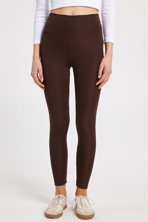 Kadın Slim Fit Dar Kesim Scuba Kumaş Beli Lastikli Kahverengi Tayt