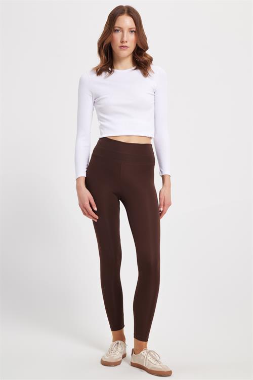 Kadın Slim Fit Dar Kesim Scuba Kumaş Beli Lastikli Kahverengi Tayt