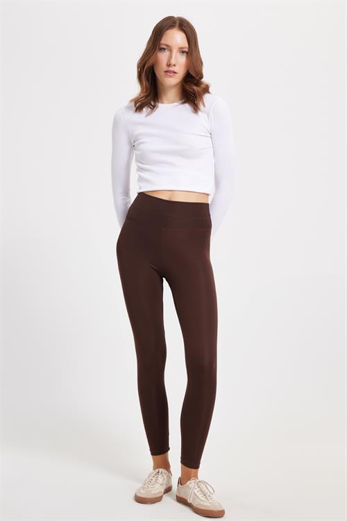 Kadın Slim Fit Dar Kesim Scuba Kumaş Beli Lastikli Kahverengi Tayt