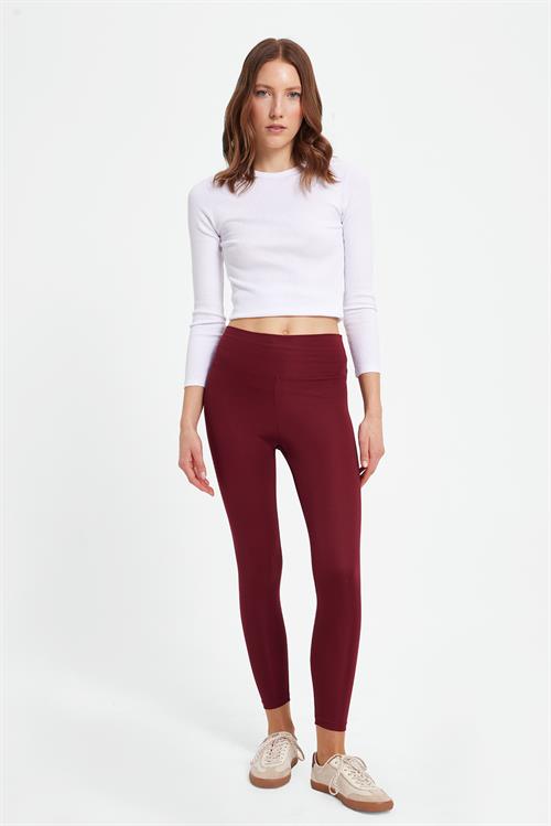 Kadın Slim Fit Dar Kesim Scuba Kumaş Beli Lastikli Bordo Tayt