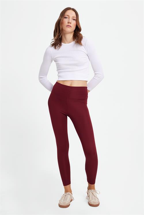 Kadın Slim Fit Dar Kesim Scuba Kumaş Beli Lastikli Bordo Tayt