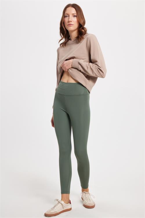 Kadın Slim Fit Dar Kesim Scuba Kumaş Beli Lastikli Haki Tayt