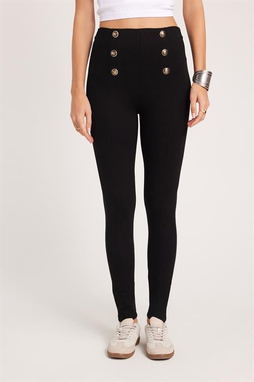 Kadın Slim Fit Dar Kesim Beli Lastikli Düğme Detaylı Siyah Tayt