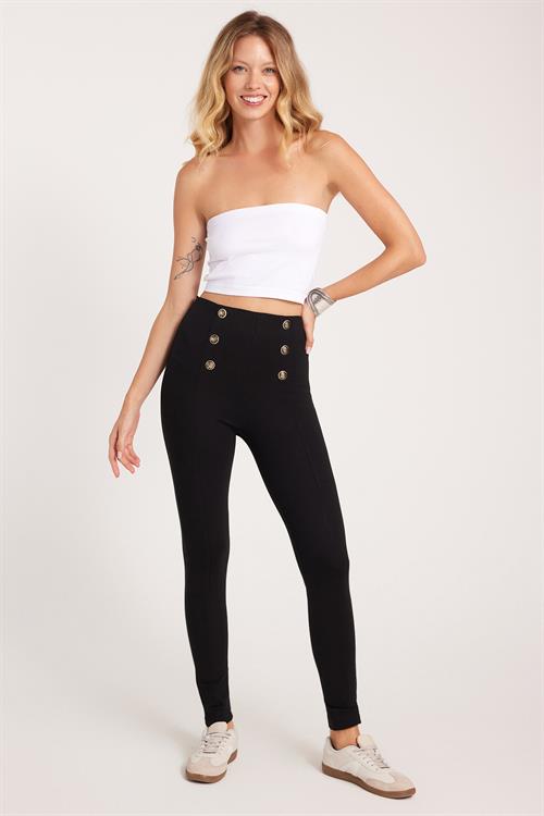 Kadın Slim Fit Dar Kesim Beli Lastikli Düğme Detaylı Siyah Tayt