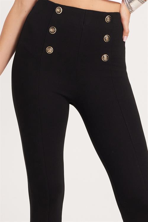Kadın Slim Fit Dar Kesim Beli Lastikli Düğme Detaylı Siyah Tayt