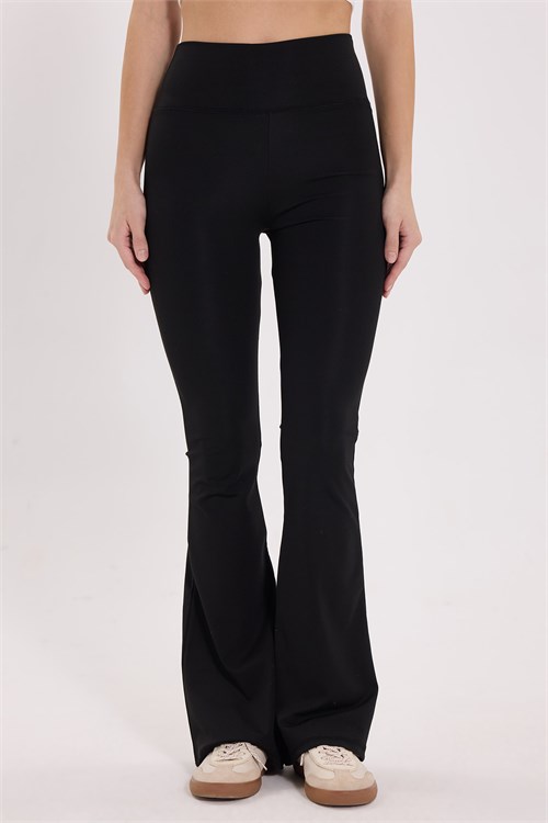 Kadın Slim Fit Dar Kesim Likralı Lastikli Yüksel Bel İspanyol Paça Siyah Tayt