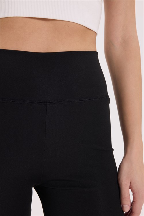Kadın Slim Fit Dar Kesim Likralı Lastikli Yüksel Bel İspanyol Paça Siyah Tayt