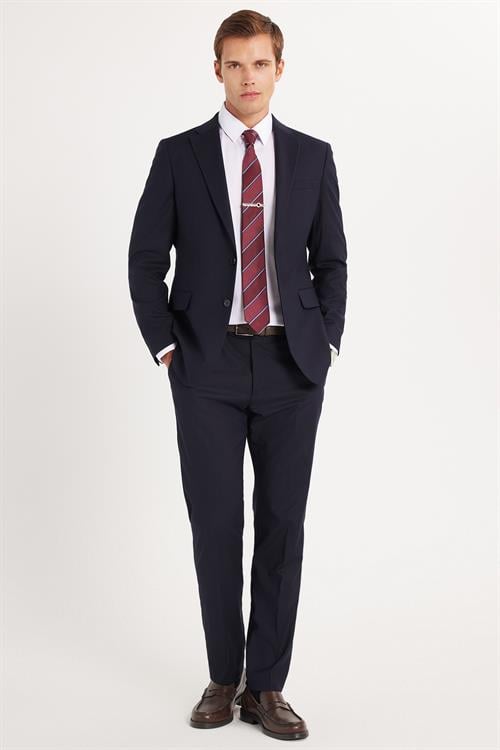 Erkek Slim Fit Mono Yaka Likralı Esnek Kumaş Lacivert Takım Elbise