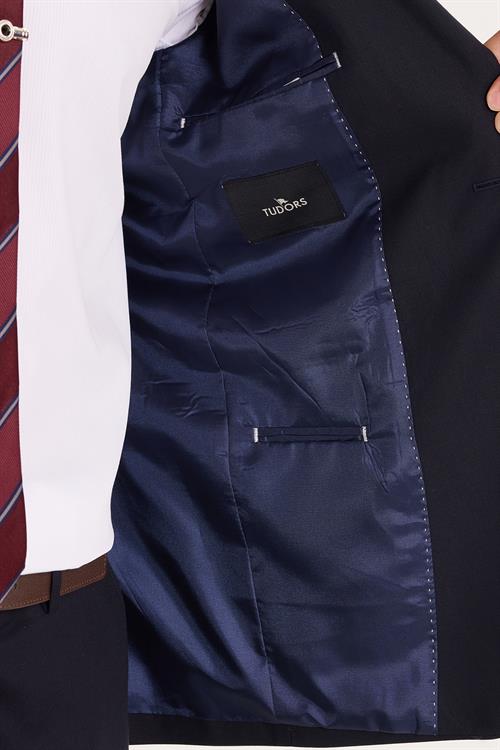Erkek Slim Fit Mono Yaka Likralı Esnek Kumaş Lacivert Takım Elbise