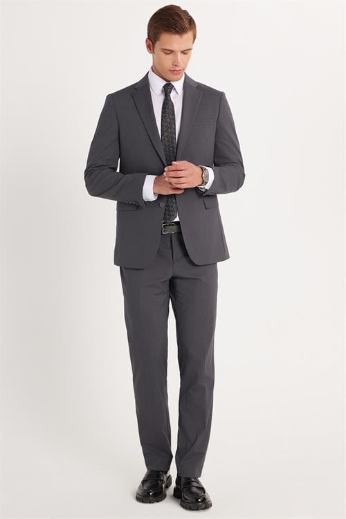 Erkek Slim Fit Mono Yaka Likralı Esnek Kumaş Füme Takım Elbise