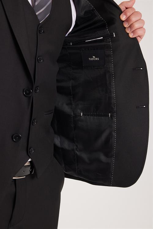 Erkek Slim Fit Siyah Esnek Likralı Kumaş Sivri Yaka Yelekli Takım Elbise