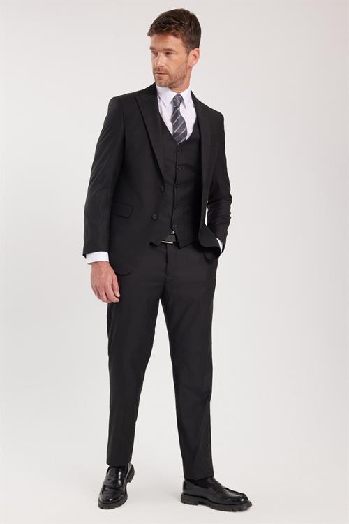 Erkek Slim Fit Siyah Esnek Likralı Kumaş Sivri Yaka Yelekli Takım Elbise