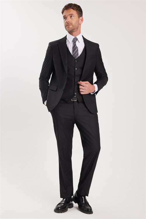 Erkek Slim Fit Siyah Esnek Likralı Kumaş Sivri Yaka Yelekli Takım Elbise