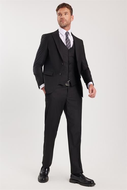 Erkek Slim Fit Siyah Esnek Likralı Kumaş Sivri Yaka Yelekli Takım Elbise