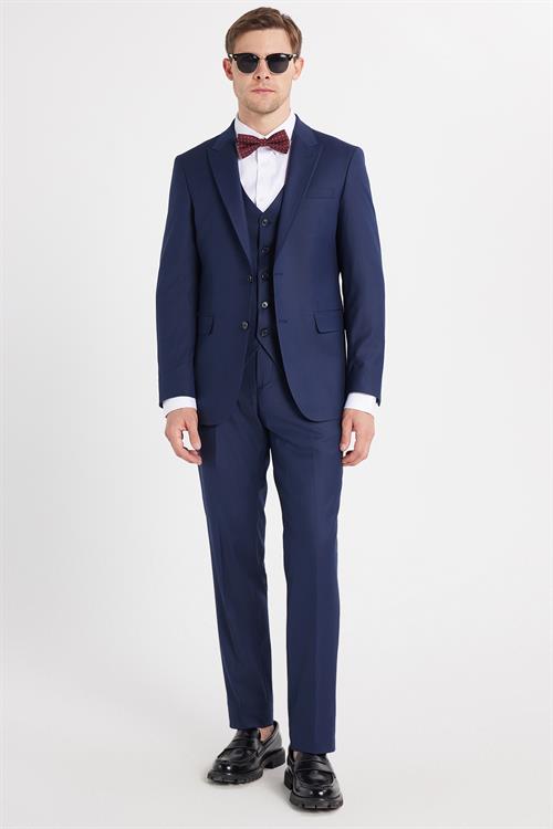 Erkek Slim Fit Lacivert Esnek Likralı Kumaş Sivri Yaka Yelekli Takım Elbise