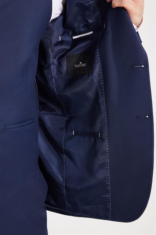 Erkek Slim Fit Lacivert Esnek Likralı Kumaş Sivri Yaka Yelekli Takım Elbise