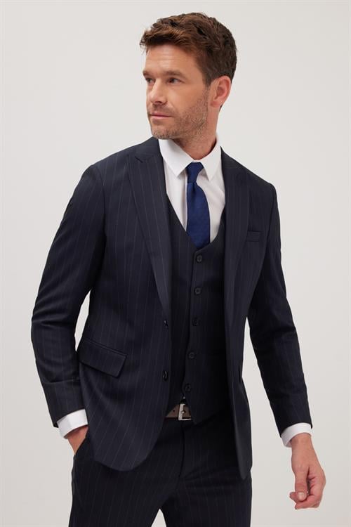Erkek Slim Fit Lacivert Esnek Likralı Kumaş Sivri Yaka Yelekli Takım Elbise