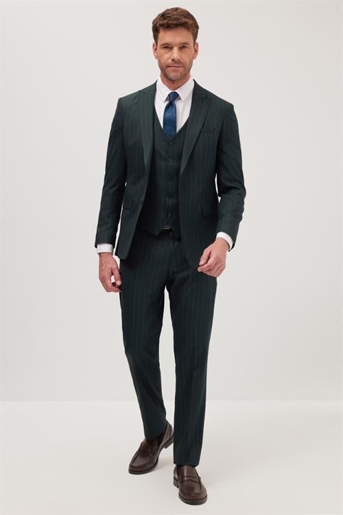 Erkek Slim Fit Haki Esnek Likralı Kumaş Sivri Yaka Yelekli Takım Elbise