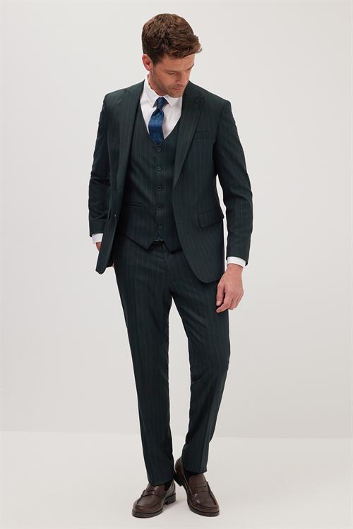 Erkek Slim Fit Haki Esnek Likralı Kumaş Sivri Yaka Yelekli Takım Elbise