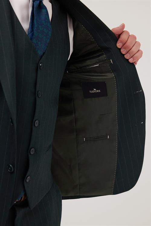 Erkek Slim Fit Haki Esnek Likralı Kumaş Sivri Yaka Yelekli Takım Elbise