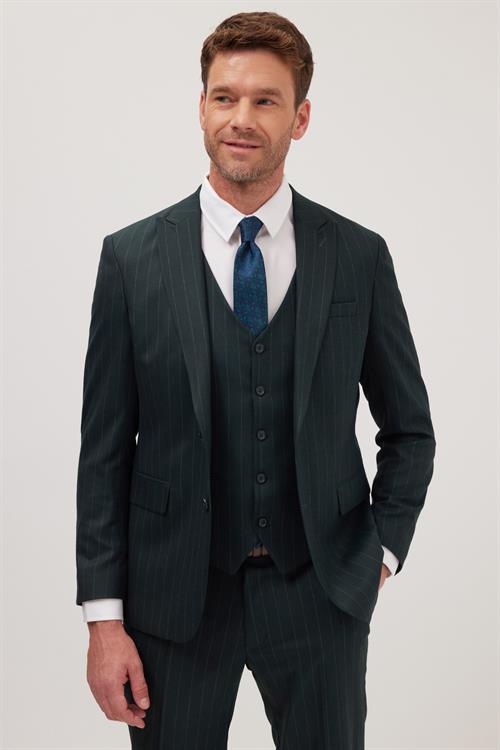 Erkek Slim Fit Haki Esnek Likralı Kumaş Sivri Yaka Yelekli Takım Elbise