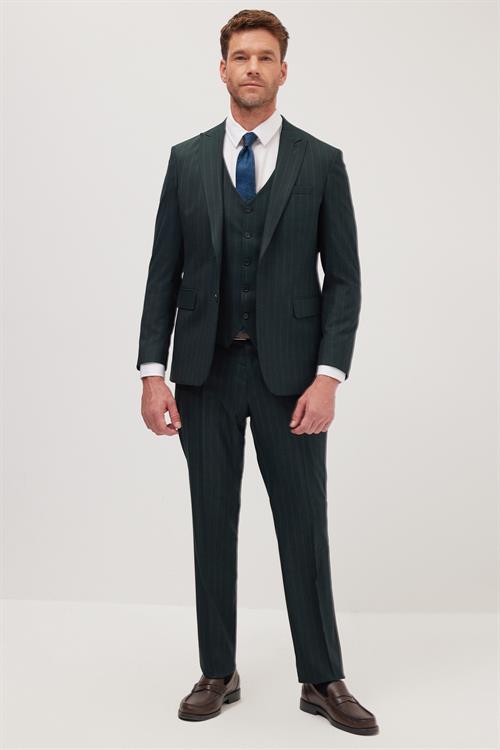 Erkek Slim Fit Haki Esnek Likralı Kumaş Sivri Yaka Yelekli Takım Elbise