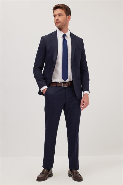 Erkek Slim Fit Mono Yaka Likralı Esnek Kumaş Lacivert Takım Elbise