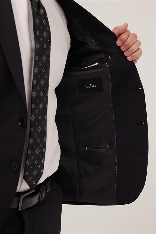 Erkek Slim Fit Mono Yaka Likralı Esnek Kumaş Siyah Takım Elbise
