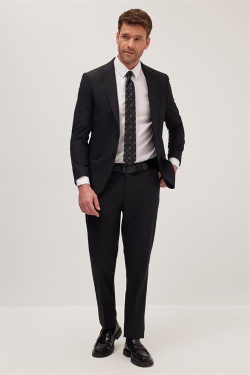 Erkek Slim Fit Mono Yaka Likralı Esnek Kumaş Siyah Takım Elbise