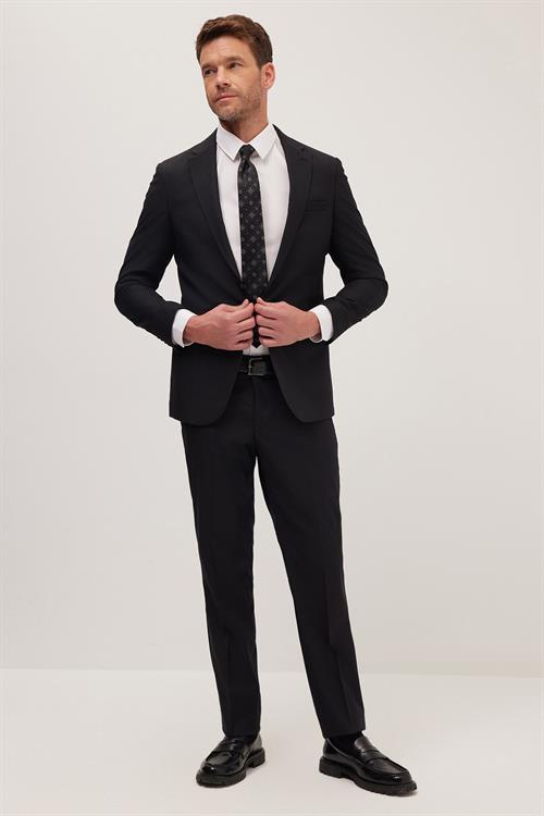 Erkek Slim Fit Mono Yaka Likralı Esnek Kumaş Siyah Takım Elbise