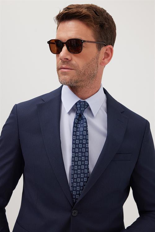 Erkek Slim Fit Mono Yaka Likralı Esnek Kumaş Lacivert Takım Elbise