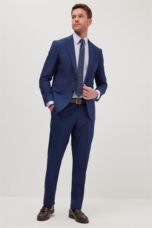 Erkek Slim Fit Mono Yaka Likralı Esnek Kumaş Koyu Lacivert Takım Elbise