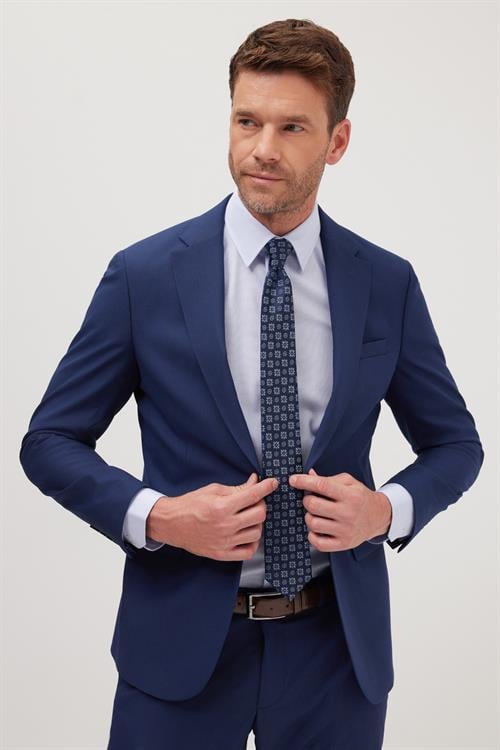 Erkek Slim Fit Mono Yaka Likralı Esnek Kumaş Koyu Lacivert Takım Elbise