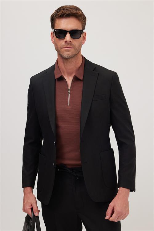 Erkek Slim Fit Mono Yaka Likralı Esnek Kumaş Siyah Takım Elbise