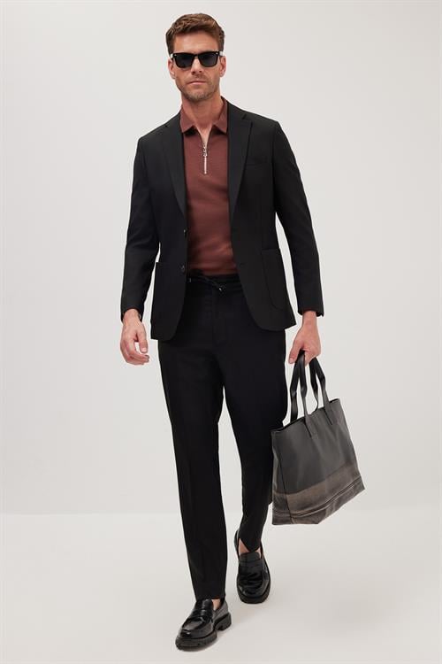 Erkek Slim Fit Mono Yaka Likralı Esnek Kumaş Siyah Takım Elbise