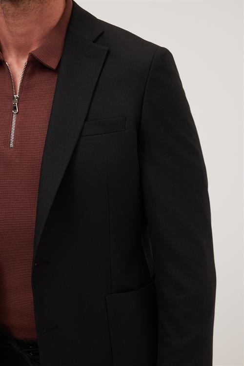 Erkek Slim Fit Mono Yaka Likralı Esnek Kumaş Siyah Takım Elbise