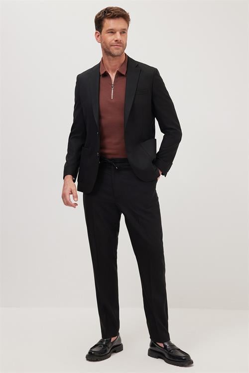 Erkek Slim Fit Mono Yaka Likralı Esnek Kumaş Siyah Takım Elbise